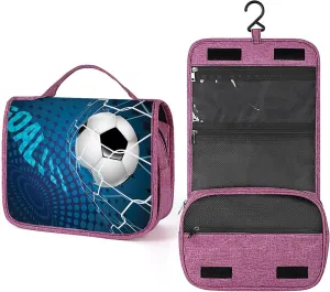 Soccer Theme,Waterproof Travel Toiletry Hanging Bag,Goal Football Flying Into Net Sport,Makeup bag,Travel Organizers,Cosmetic Travel-Sized Container,Large Capacity for Women,Blue Black