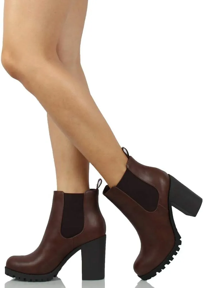 Soda Women's Chelsea Pull On Tab Lug Block Ankle Boot