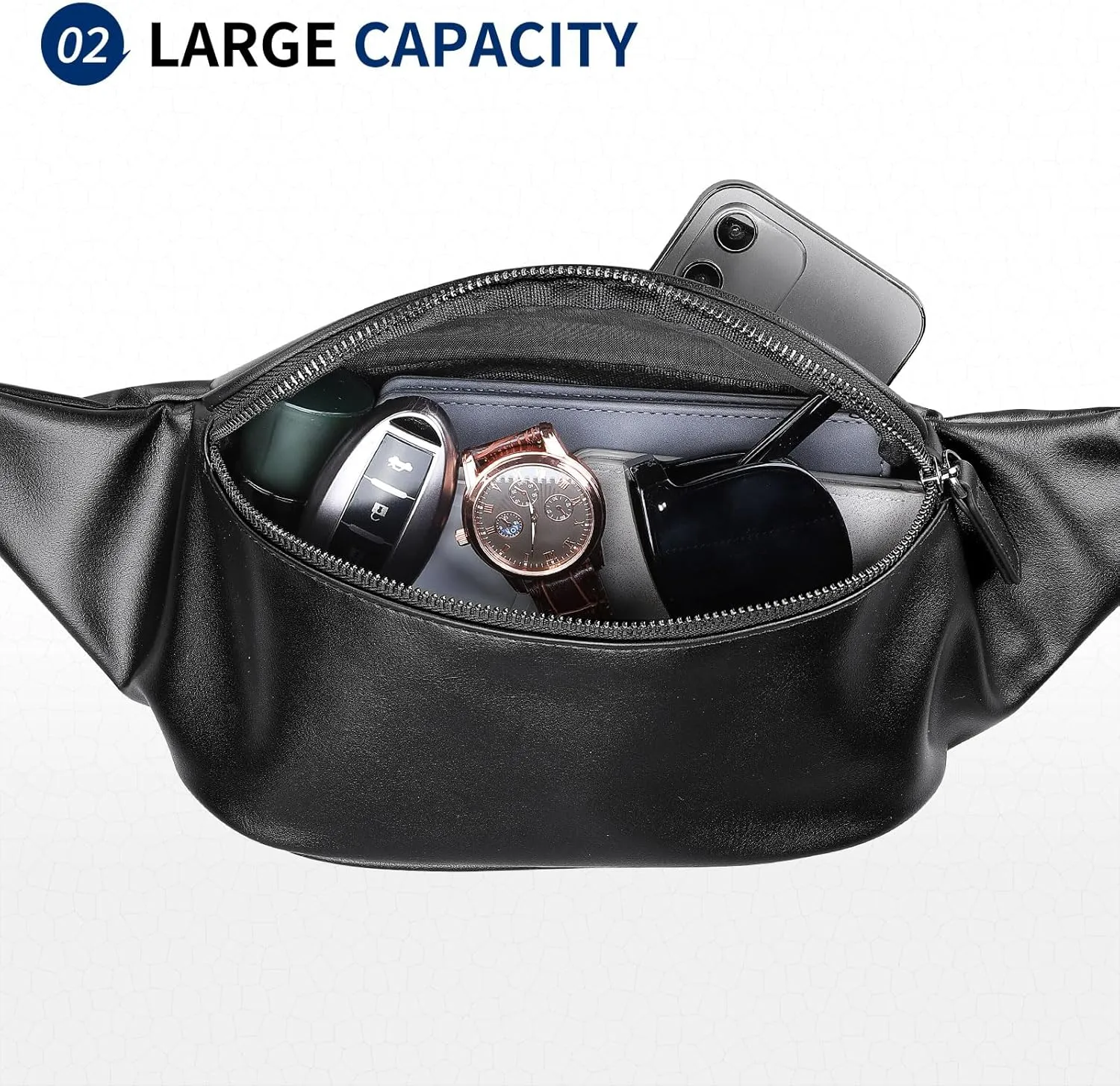Soft Leather Fanny Pack for Women & Men, Crossbody Waist Pack with Adjustable Strap, Large Pocket, Sturdy Zippers, for Travel, Hiking, Running, Black
