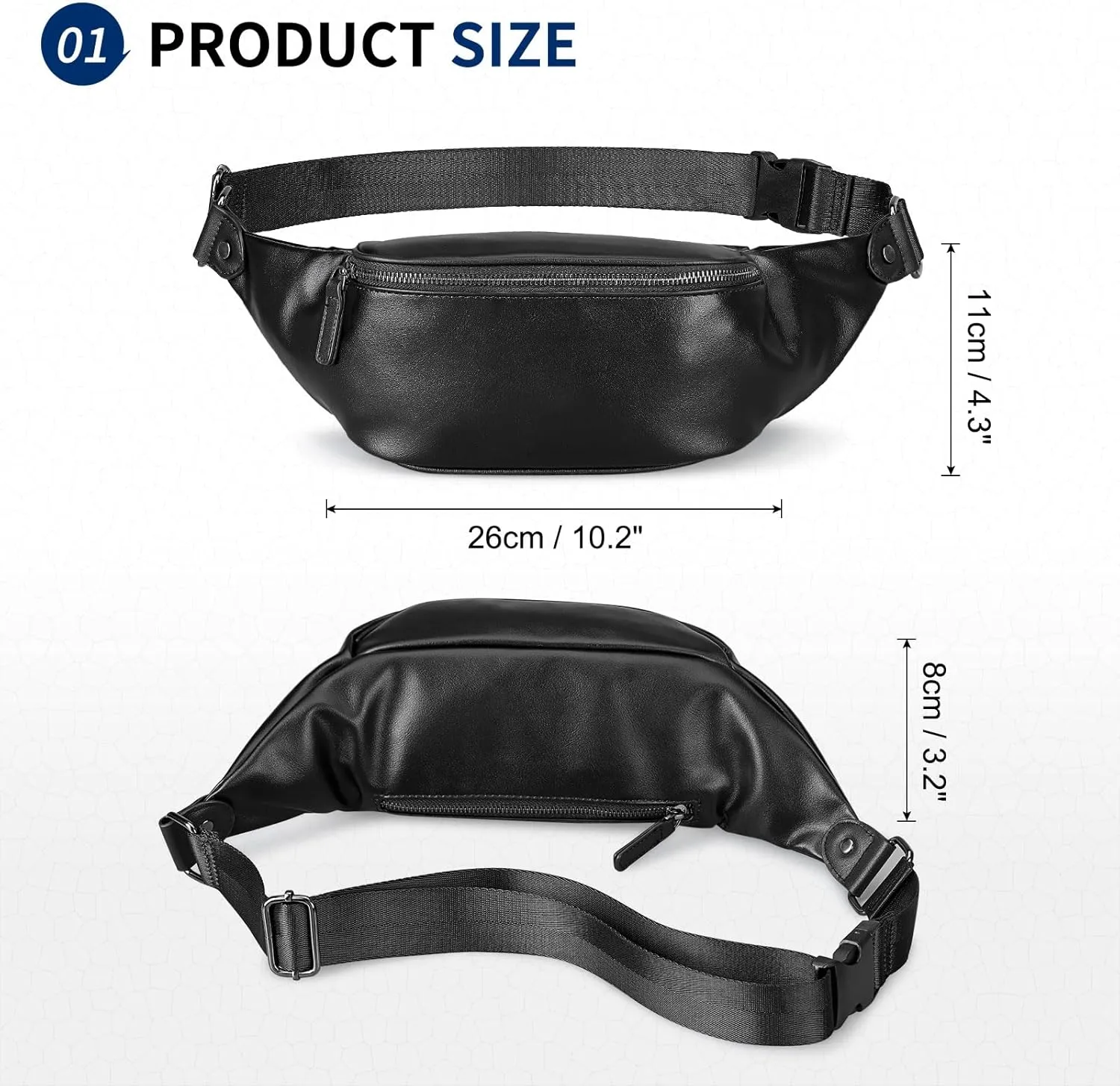 Soft Leather Fanny Pack for Women & Men, Crossbody Waist Pack with Adjustable Strap, Large Pocket, Sturdy Zippers, for Travel, Hiking, Running, Black