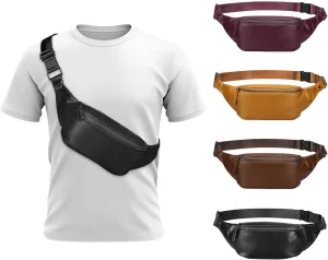 Soft Leather Fanny Pack for Women & Men, Crossbody Waist Pack with Adjustable Strap, Large Pocket, Sturdy Zippers, for Travel, Hiking, Running, Black