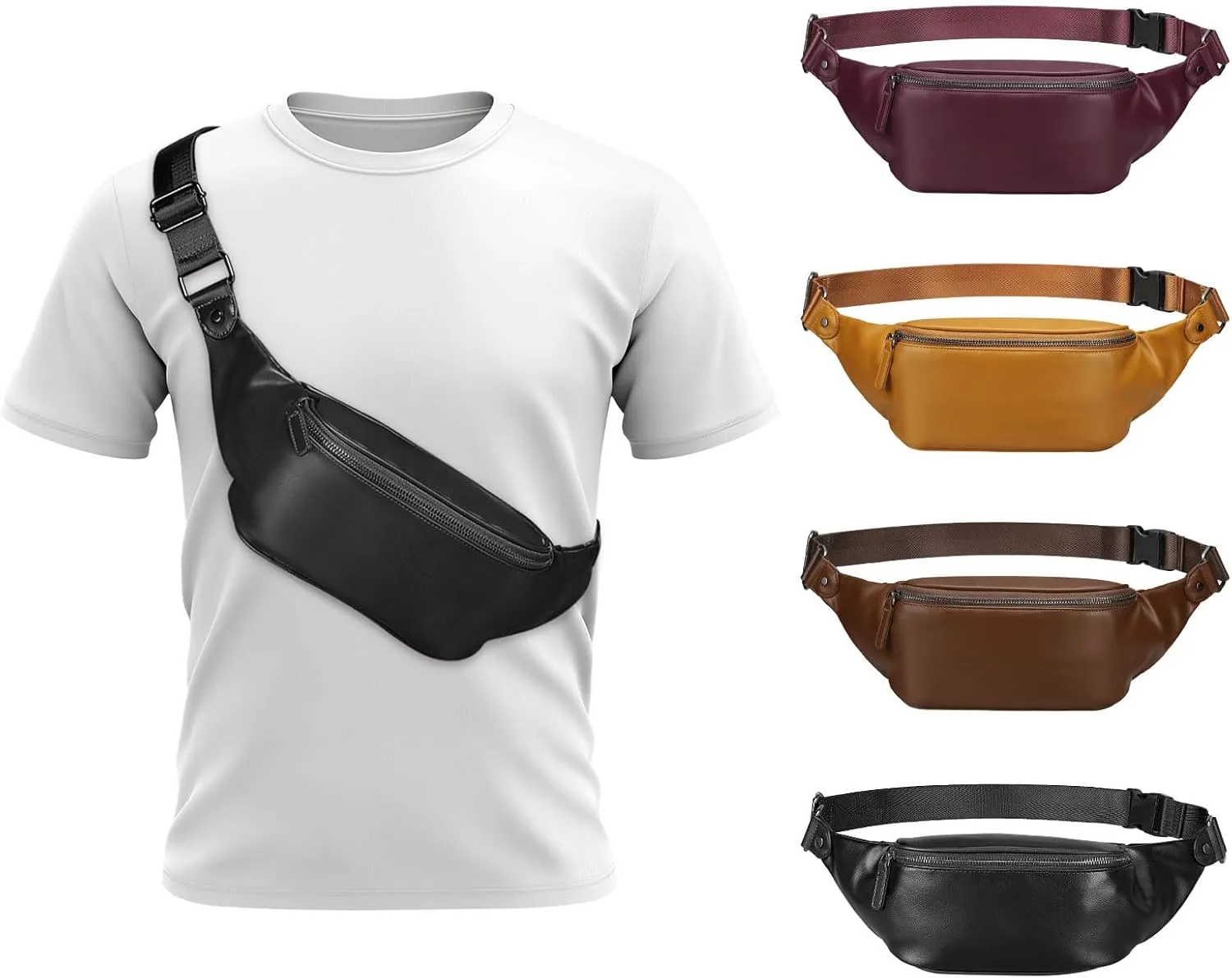 Soft Leather Fanny Pack for Women & Men, Crossbody Waist Pack with Adjustable Strap, Large Pocket, Sturdy Zippers, for Travel, Hiking, Running, Black