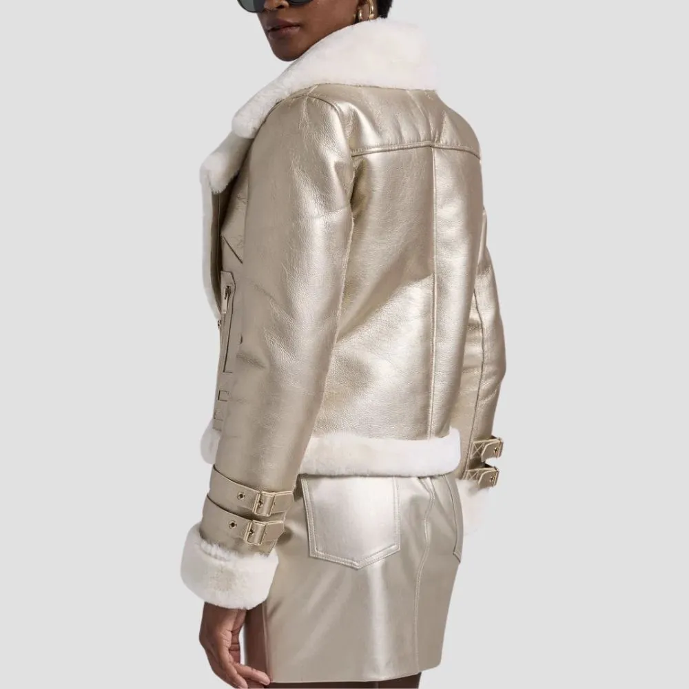 Soft Touch Women’s Fur Leather Metallic Jacket Outwear