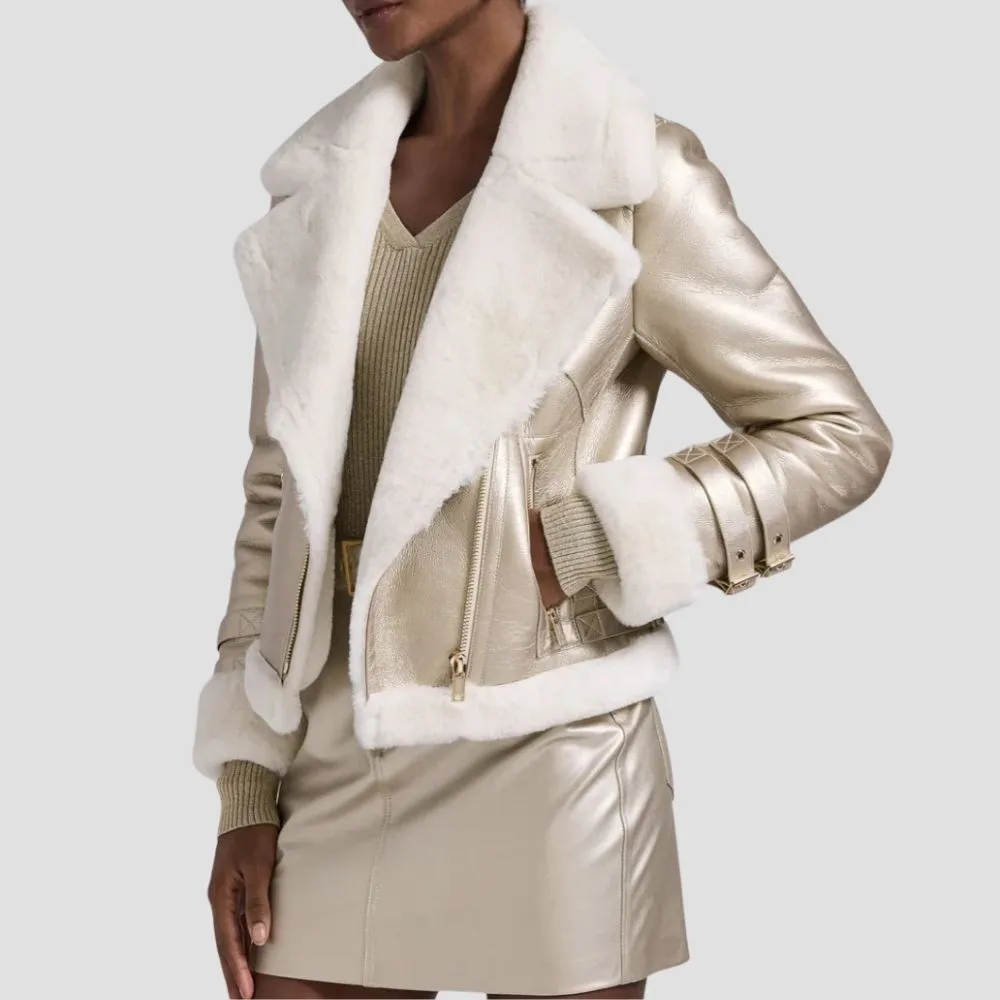 Soft Touch Women’s Fur Leather Metallic Jacket Outwear