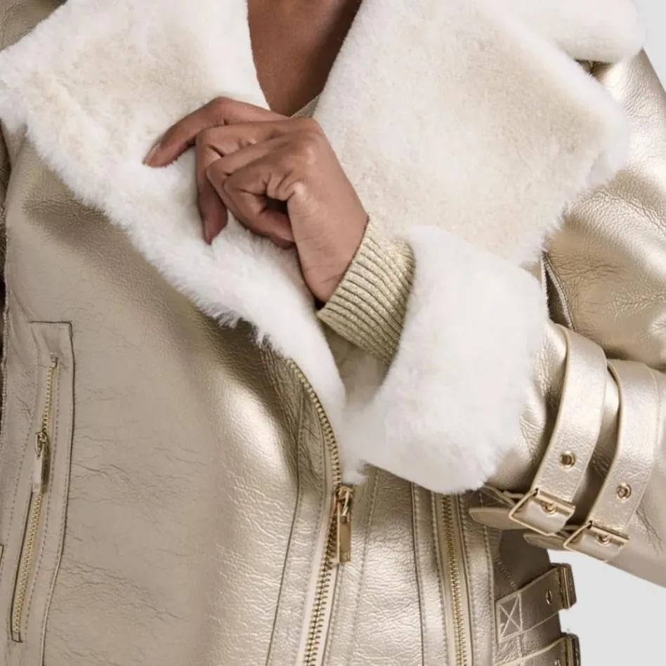 Soft Touch Women’s Fur Leather Metallic Jacket Outwear