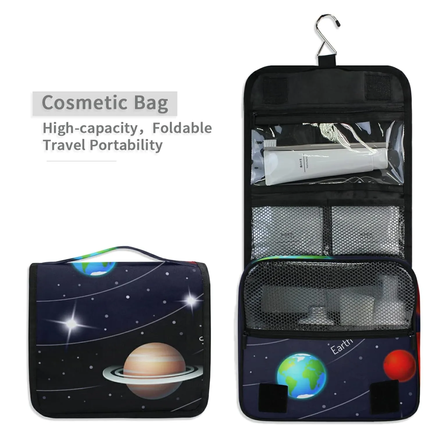 Solar System with the Sun Earth Mars Mercury Jupiter Saturn Uranus Travel Cosmetic Bag, Hanging Toiletry Wash bag, Portable Makeup Organizer Brush Case, Storage Bag with Hook for Bathroom Toilet