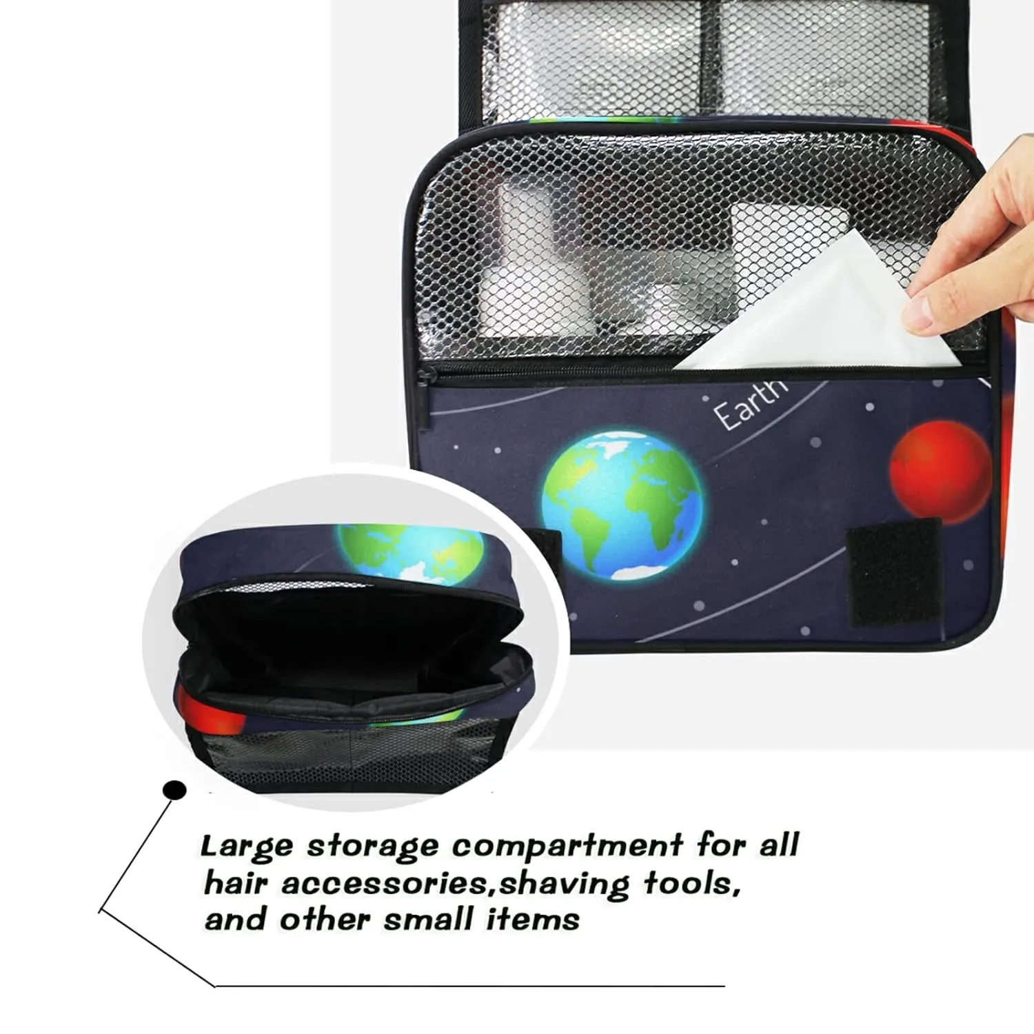 Solar System with the Sun Earth Mars Mercury Jupiter Saturn Uranus Travel Cosmetic Bag, Hanging Toiletry Wash bag, Portable Makeup Organizer Brush Case, Storage Bag with Hook for Bathroom Toilet