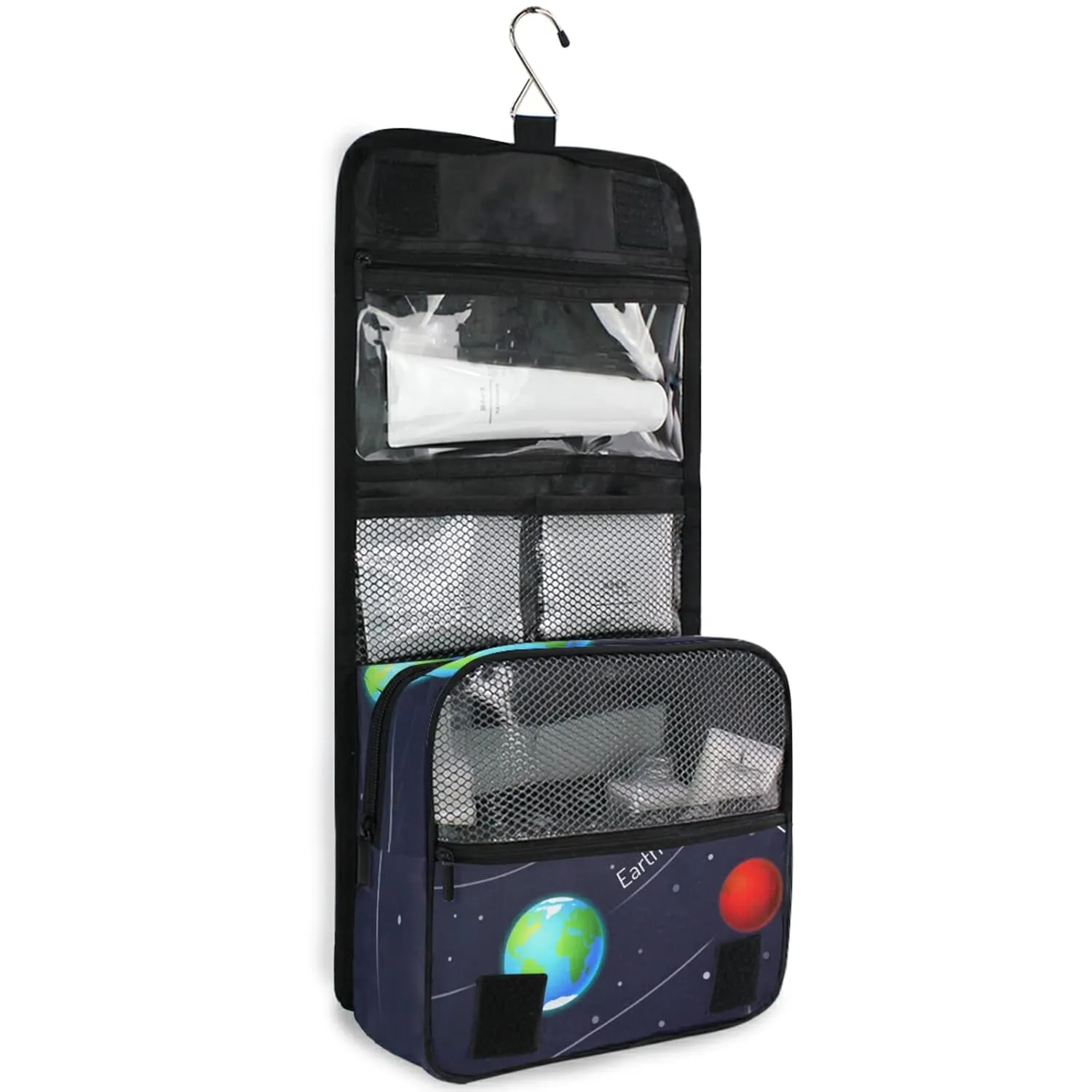 Solar System with the Sun Earth Mars Mercury Jupiter Saturn Uranus Travel Cosmetic Bag, Hanging Toiletry Wash bag, Portable Makeup Organizer Brush Case, Storage Bag with Hook for Bathroom Toilet