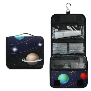Solar System with the Sun Earth Mars Mercury Jupiter Saturn Uranus Travel Cosmetic Bag, Hanging Toiletry Wash bag, Portable Makeup Organizer Brush Case, Storage Bag with Hook for Bathroom Toilet