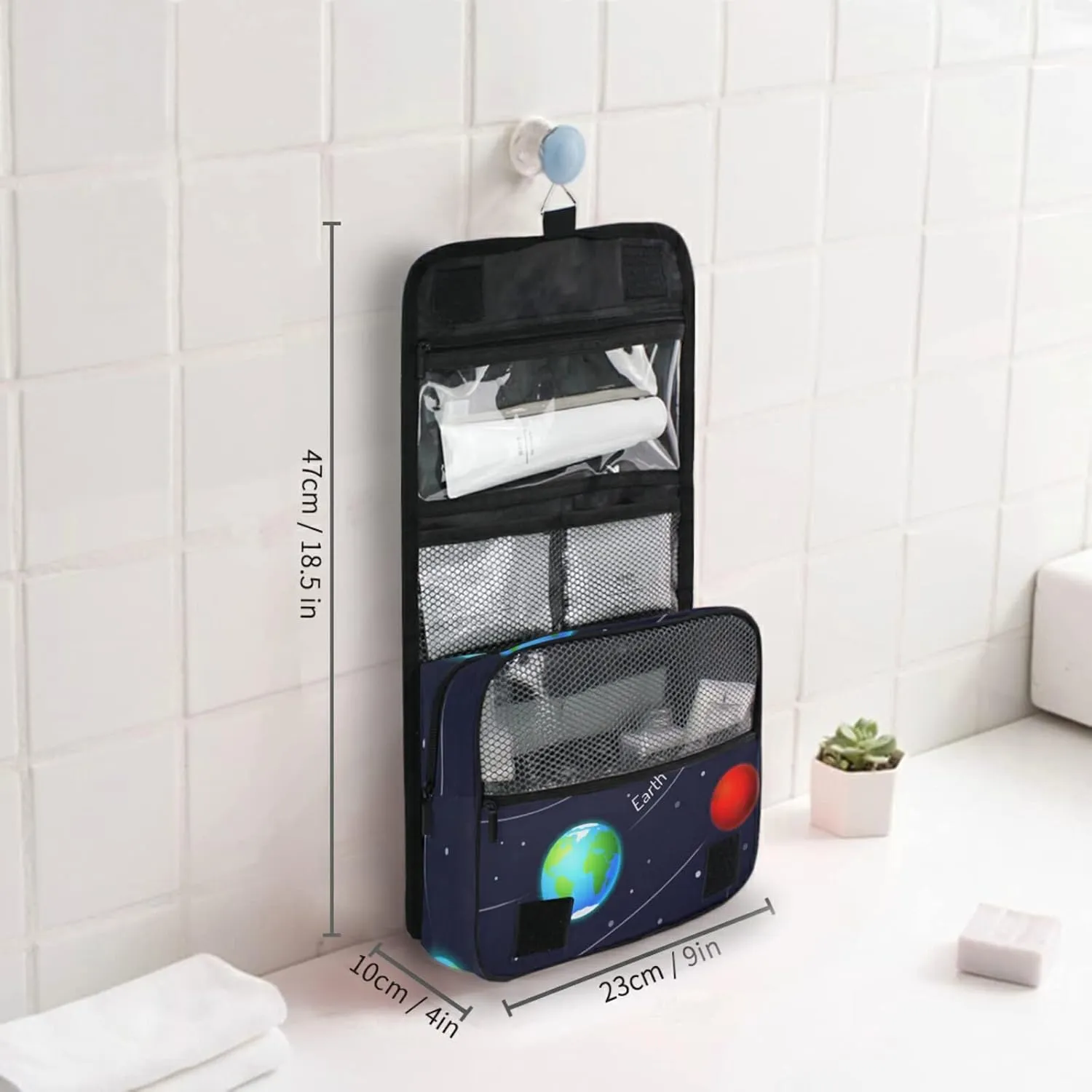 Solar System with the Sun Earth Mars Mercury Jupiter Saturn Uranus Travel Cosmetic Bag, Hanging Toiletry Wash bag, Portable Makeup Organizer Brush Case, Storage Bag with Hook for Bathroom Toilet