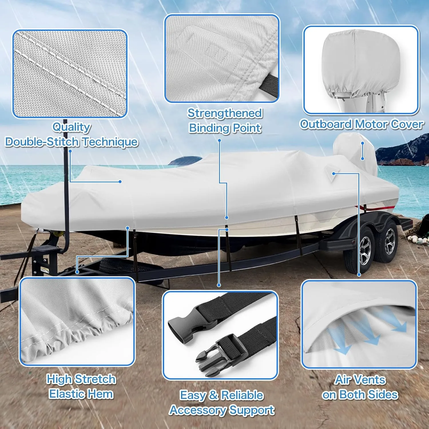Solim Waterproof 1200D PU Boat Cover with Motor Cover, 17-19' Marine Grade Heavy Duty Trailerable Anti-UV Polyester Canvas, Fits 17-19ft Bass, V-Hull, Runabout, Fishing, Ski Boat with Straps