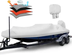 Solim Waterproof 1200D PU Boat Cover with Motor Cover, 17-19' Marine Grade Heavy Duty Trailerable Anti-UV Polyester Canvas, Fits 17-19ft Bass, V-Hull, Runabout, Fishing, Ski Boat with Straps