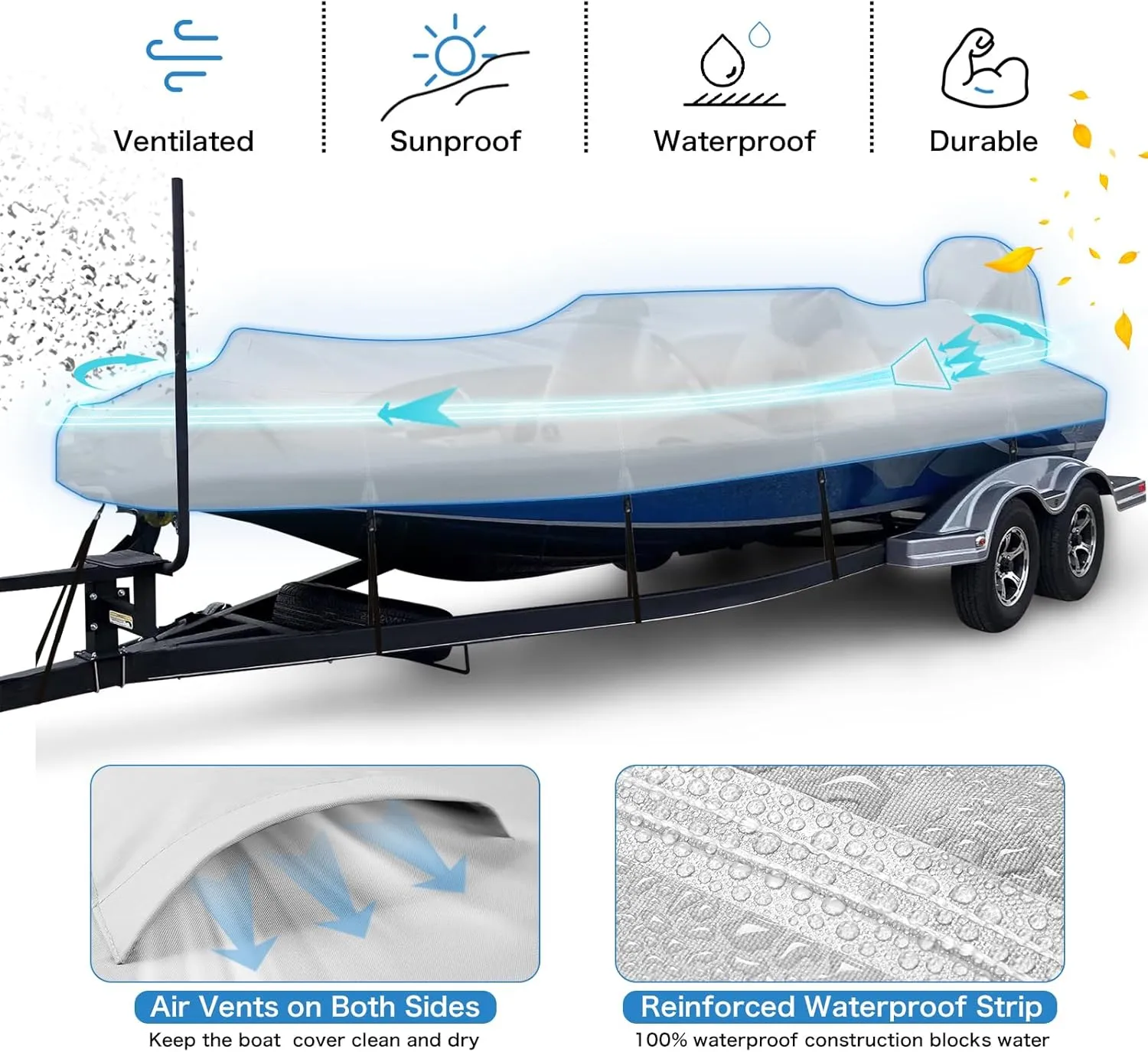 Solim Waterproof 1200D PU Boat Cover with Motor Cover, 17-19' Marine Grade Heavy Duty Trailerable Anti-UV Polyester Canvas, Fits 17-19ft Bass, V-Hull, Runabout, Fishing, Ski Boat with Straps