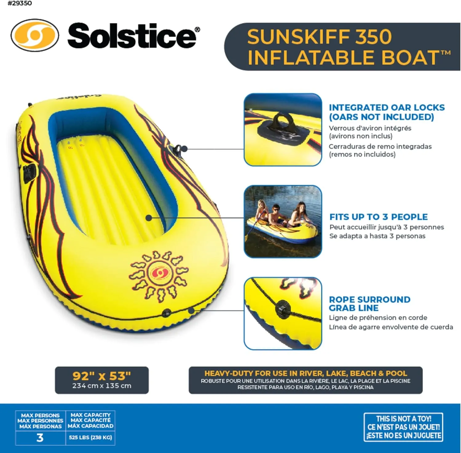 Solstice by Swimline SunSkiff 3-Person Boat, Multicolor, One Size (29350)
