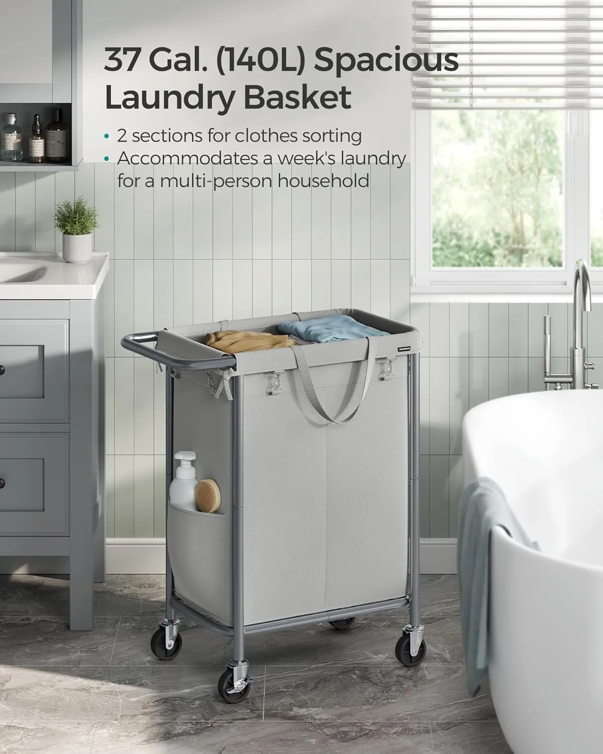 SONGMICS Laundry Basket with Wheels, Rolling Laundry Hamper, 23.8 Gallons (90L), Removable Liner, Steel Frame with Handle, Blanket Storage, 24 x 11.4 x 31.9 Inches, Dove Grey URLS003G01