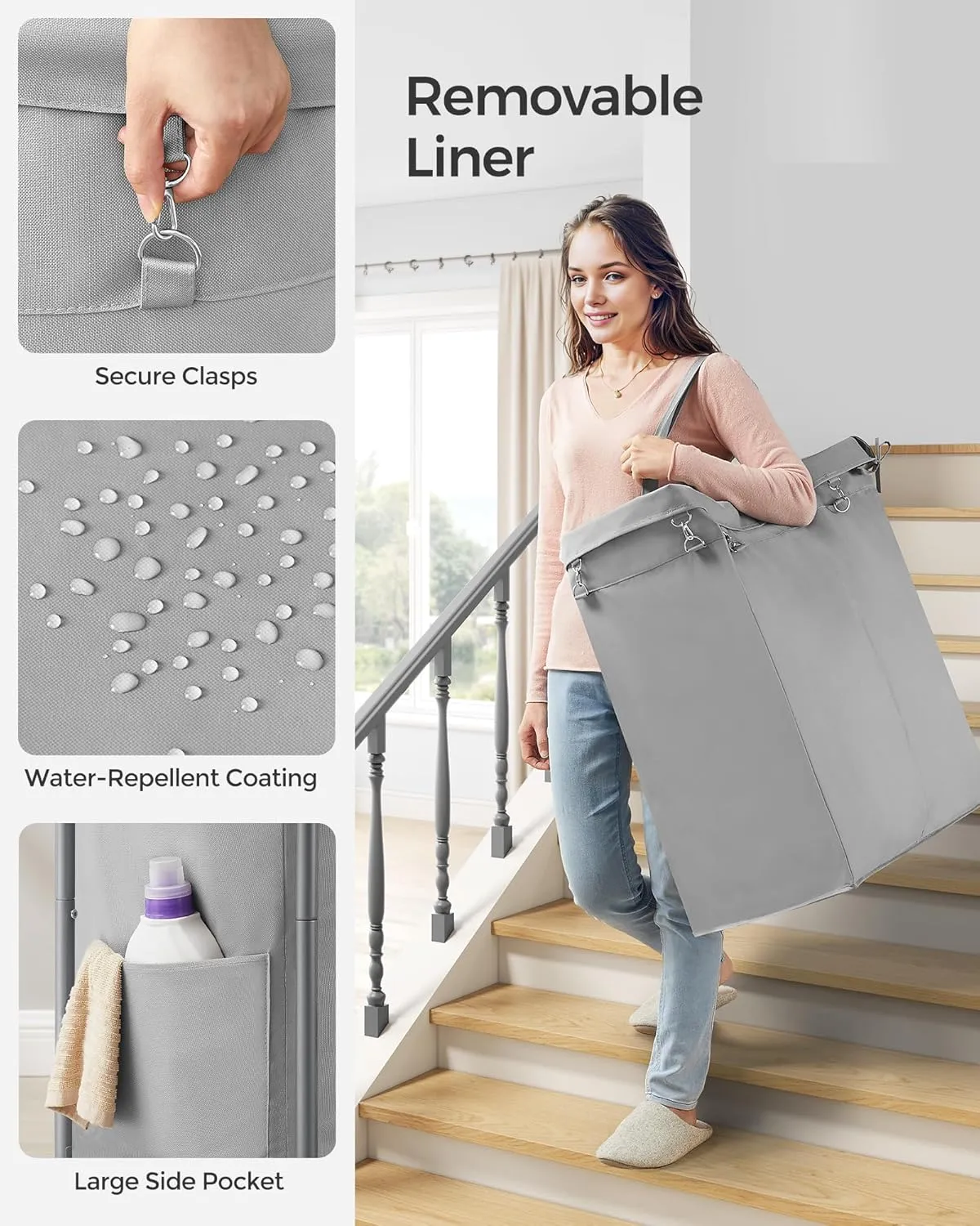 SONGMICS Laundry Basket with Wheels, Rolling Laundry Hamper, 23.8 Gallons (90L), Removable Liner, Steel Frame with Handle, Blanket Storage, 24 x 11.4 x 31.9 Inches, Dove Grey URLS003G01