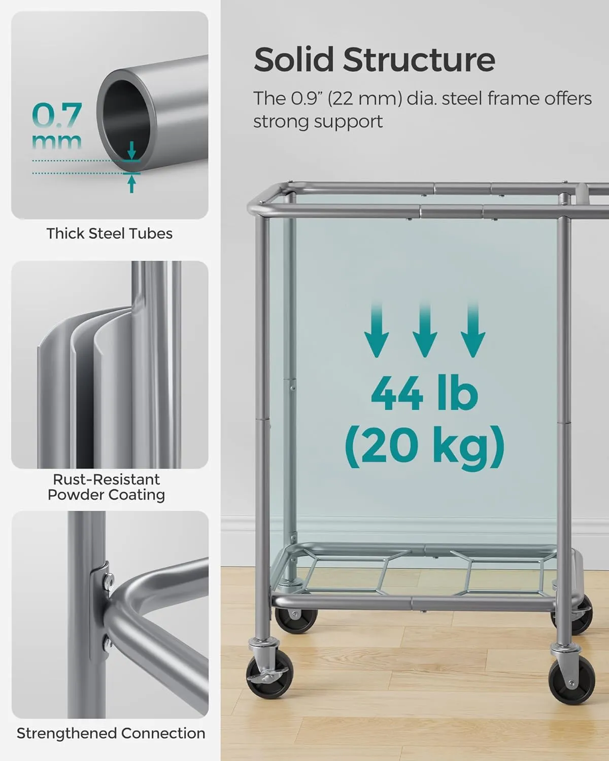 SONGMICS Laundry Basket with Wheels, Rolling Laundry Hamper, 23.8 Gallons (90L), Removable Liner, Steel Frame with Handle, Blanket Storage, 24 x 11.4 x 31.9 Inches, Dove Grey URLS003G01
