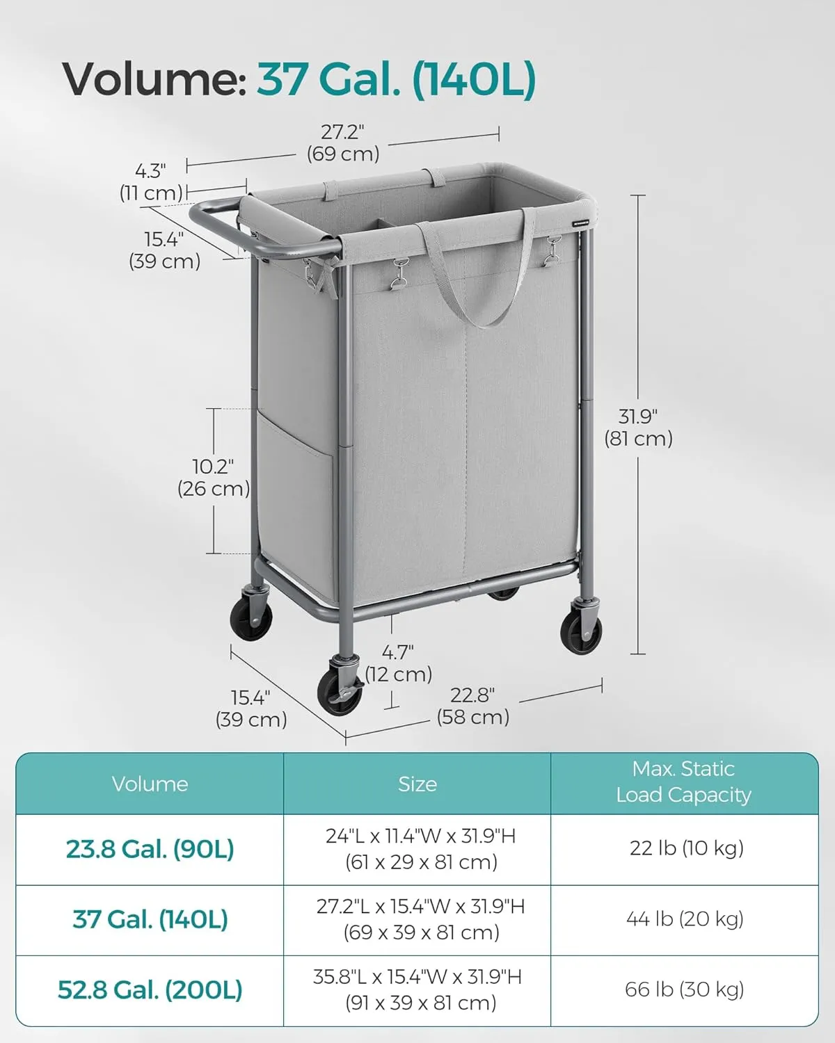 SONGMICS Laundry Basket with Wheels, Rolling Laundry Hamper, 23.8 Gallons (90L), Removable Liner, Steel Frame with Handle, Blanket Storage, 24 x 11.4 x 31.9 Inches, Dove Grey URLS003G01
