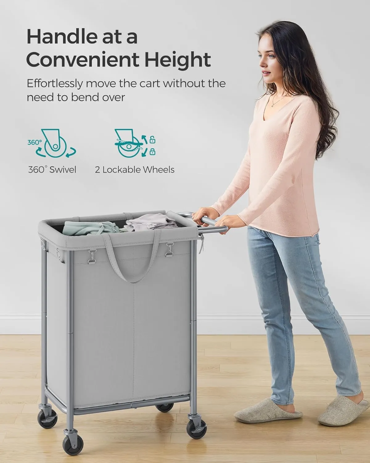 SONGMICS Laundry Basket with Wheels, Rolling Laundry Hamper, 23.8 Gallons (90L), Removable Liner, Steel Frame with Handle, Blanket Storage, 24 x 11.4 x 31.9 Inches, Dove Grey URLS003G01