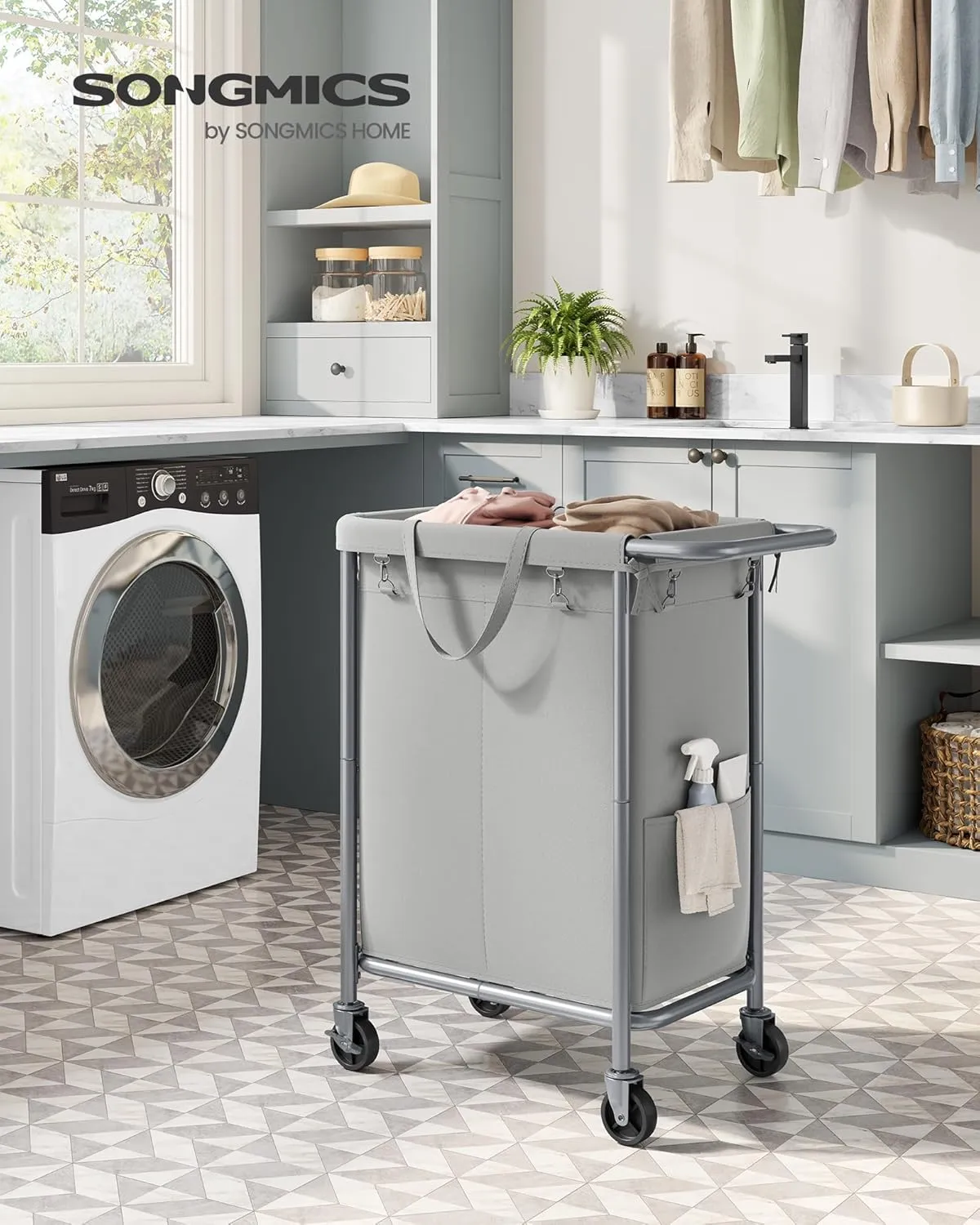 SONGMICS Laundry Basket with Wheels, Rolling Laundry Hamper, 23.8 Gallons (90L), Removable Liner, Steel Frame with Handle, Blanket Storage, 24 x 11.4 x 31.9 Inches, Dove Grey URLS003G01
