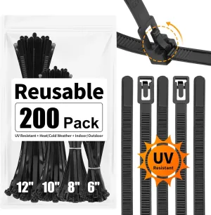 SOOOEC 200 Pack Reusable Zip Ties Assorted Sizes 6 8 10 12 inch UV Resistant, Black Zip Ties Heavy Duty Outdoor Releasable Round Ending No Hurt, Cable Ties Reusable Tie Wraps Indoor Non Slip Off