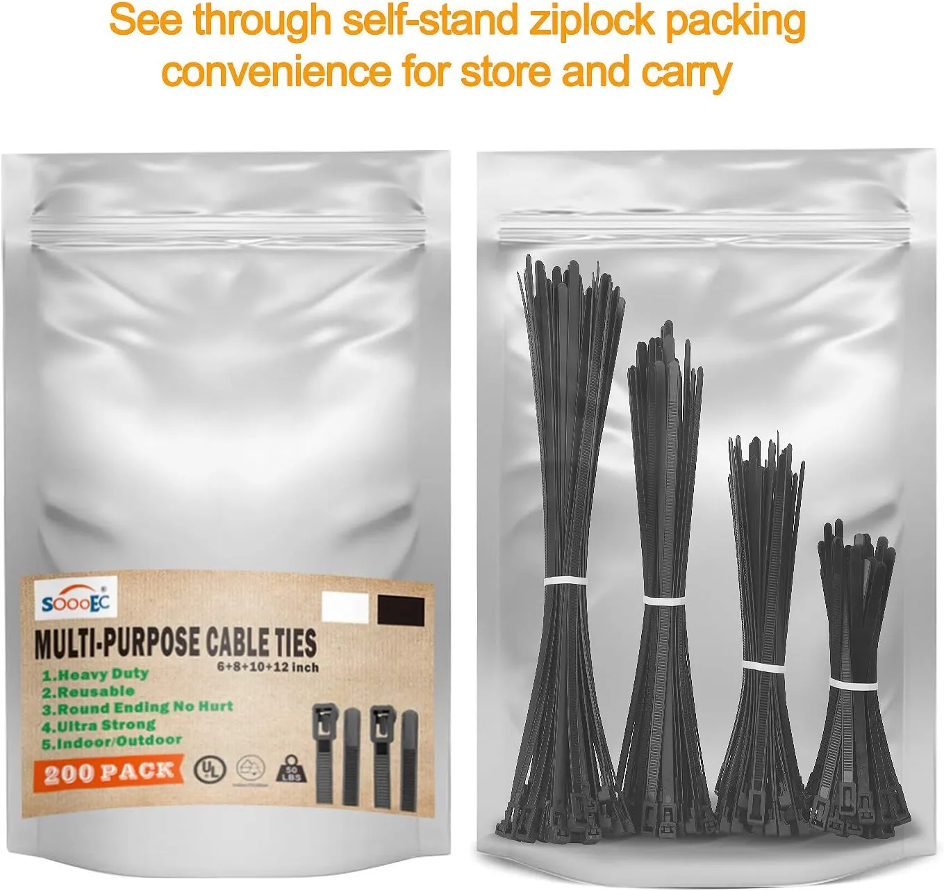SOOOEC 200 Pack Reusable Zip Ties Assorted Sizes 6 8 10 12 inch UV Resistant, Black Zip Ties Heavy Duty Outdoor Releasable Round Ending No Hurt, Cable Ties Reusable Tie Wraps Indoor Non Slip Off