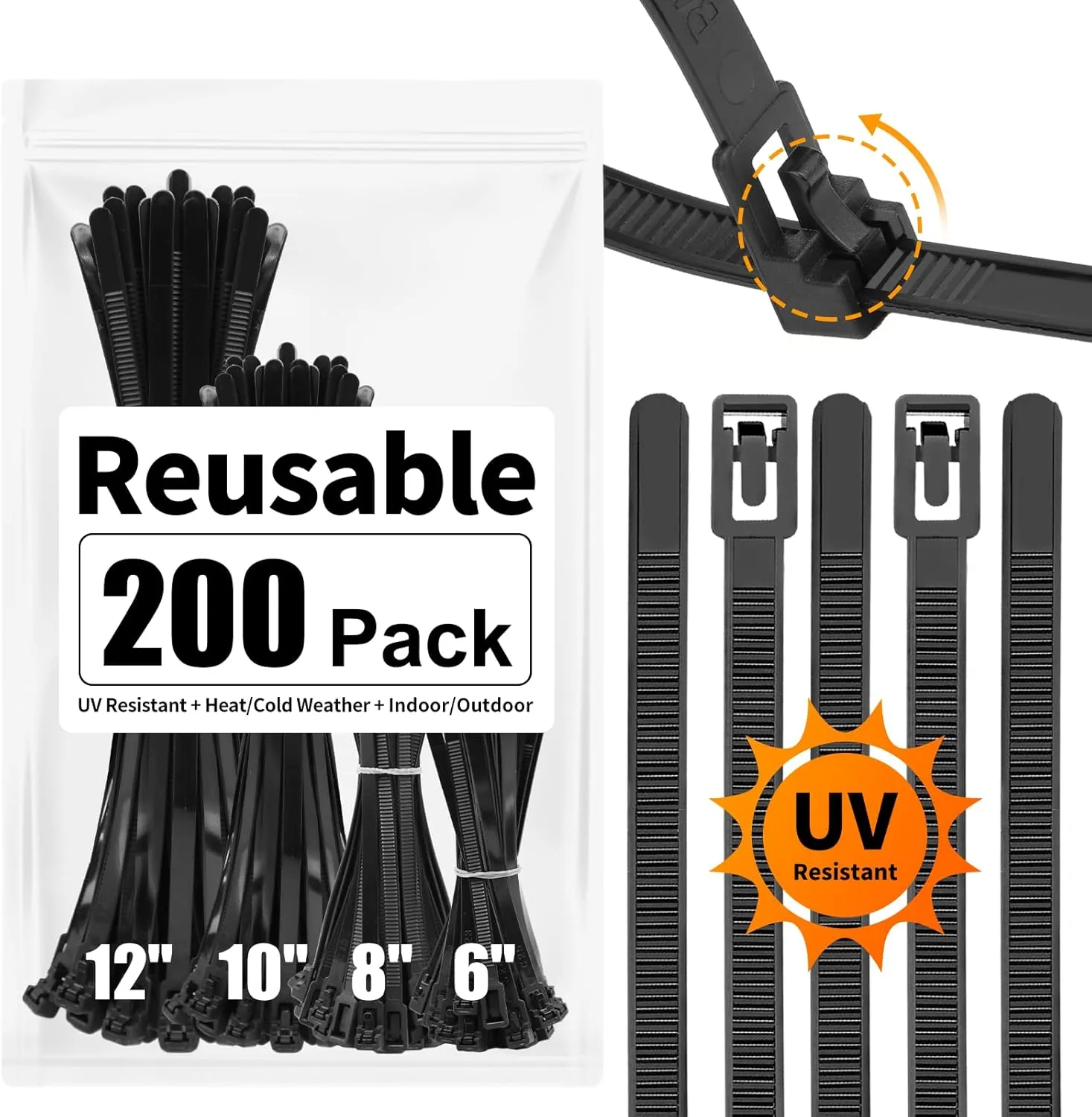 SOOOEC 200 Pack Reusable Zip Ties Assorted Sizes 6 8 10 12 inch UV Resistant, Black Zip Ties Heavy Duty Outdoor Releasable Round Ending No Hurt, Cable Ties Reusable Tie Wraps Indoor Non Slip Off
