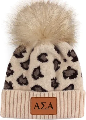 Sorority Shop - Alpha Sigma Alpha Beanie Hat - Leopard Print - ASA Name Patch