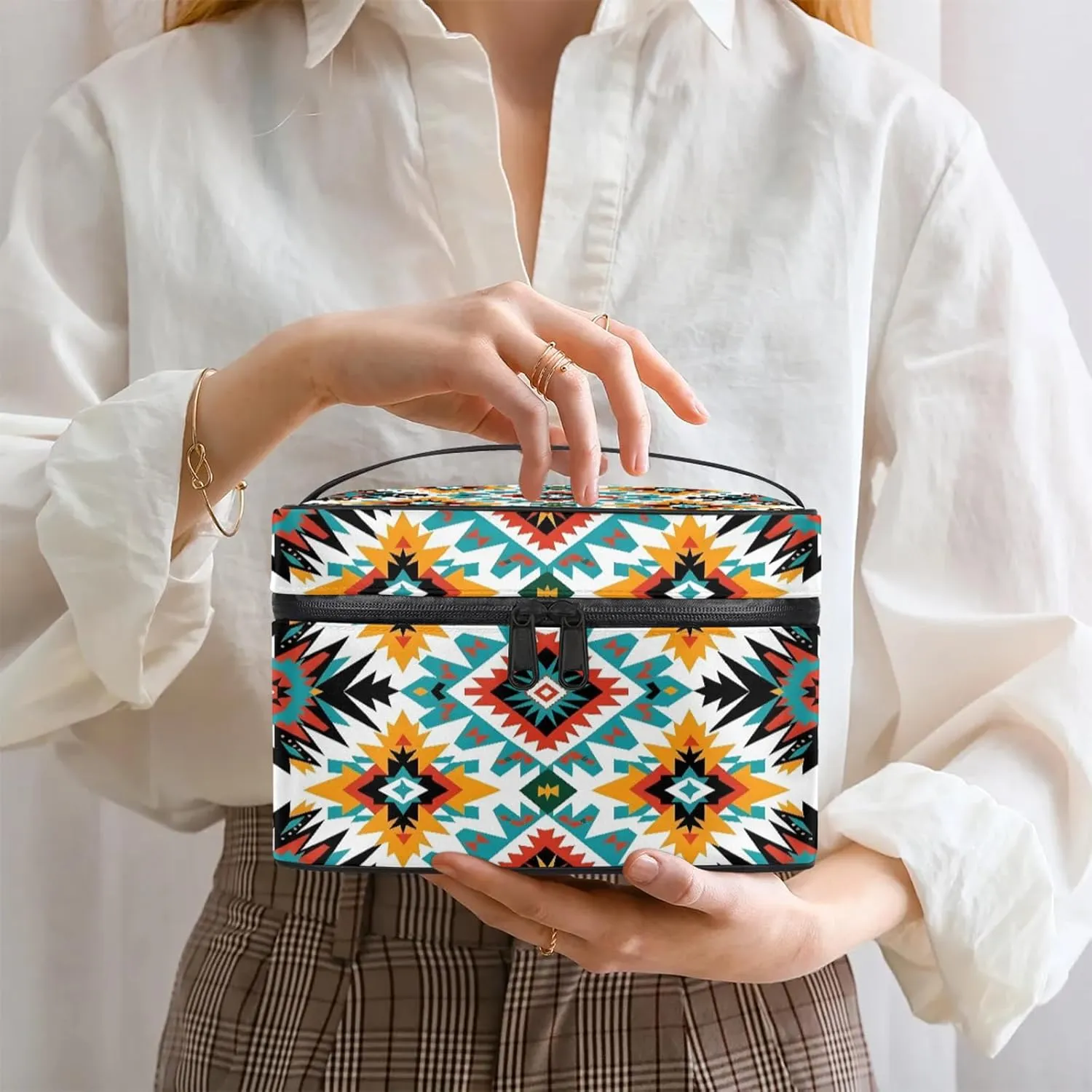 Southwestern Aztec Travel Toiletry Bag Large Capacity Makeup Case Organizer with Handle Cosmetic Case for Women Girls