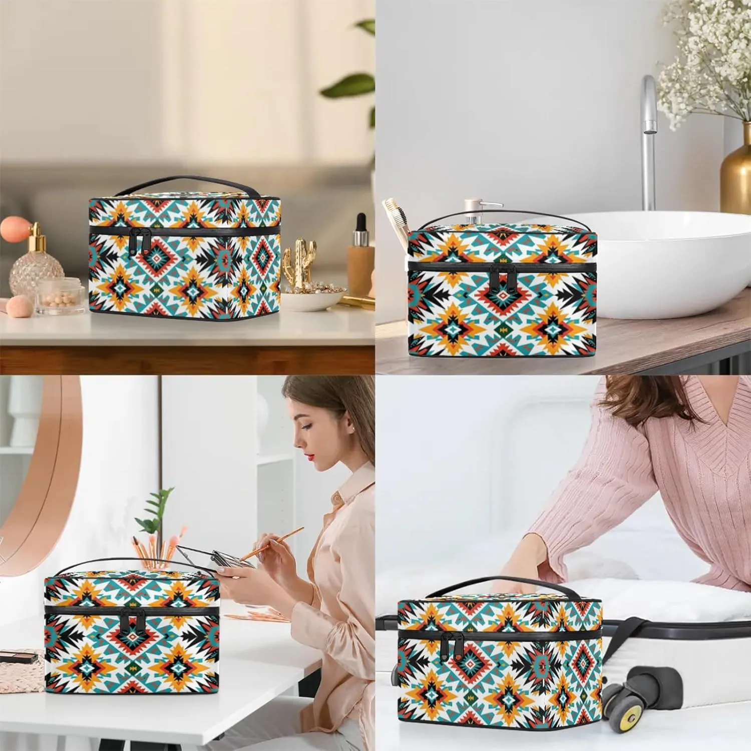 Southwestern Aztec Travel Toiletry Bag Large Capacity Makeup Case Organizer with Handle Cosmetic Case for Women Girls