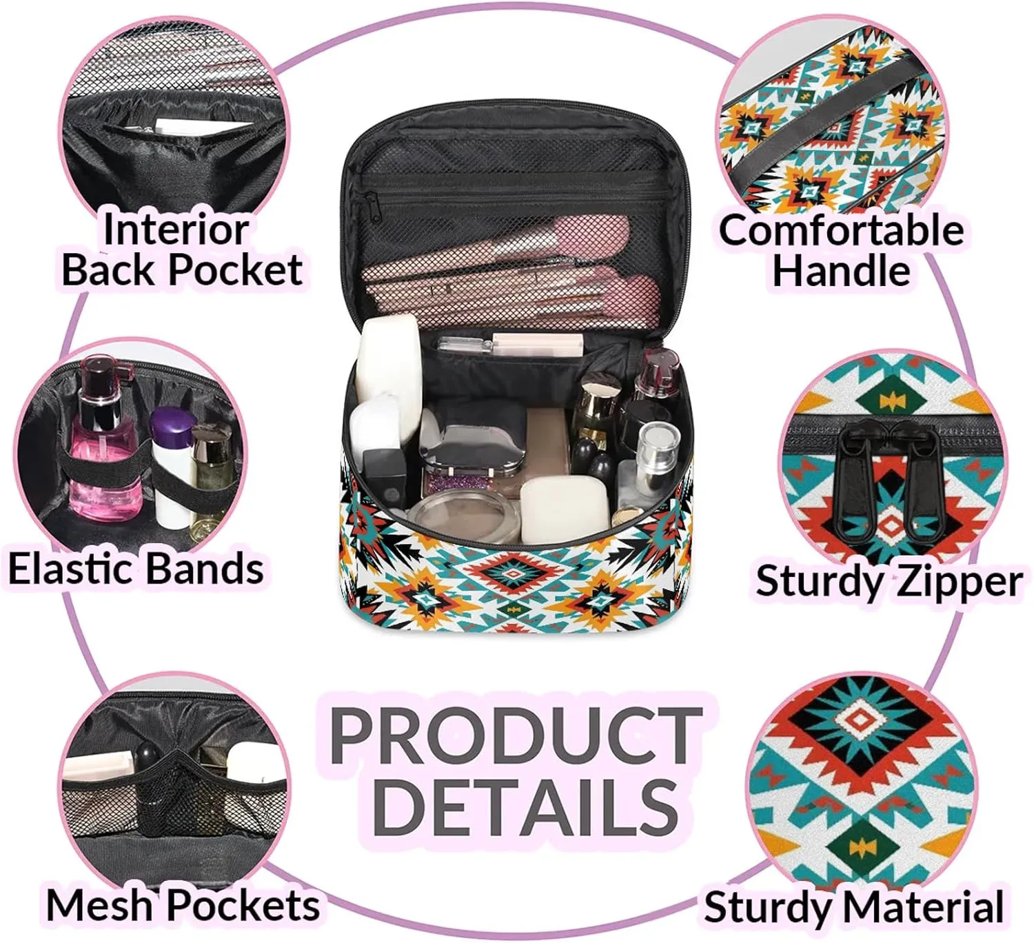 Southwestern Aztec Travel Toiletry Bag Large Capacity Makeup Case Organizer with Handle Cosmetic Case for Women Girls