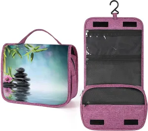 Spa Theme,Toiletry Bag Travel Bag with Hanging Hook,Pink Flower Spa Stones and Bamboo,Water-resistant Makeup Cosmetic Bag Organizer for Makeup Accessories,Full-size Container,Dark Blue