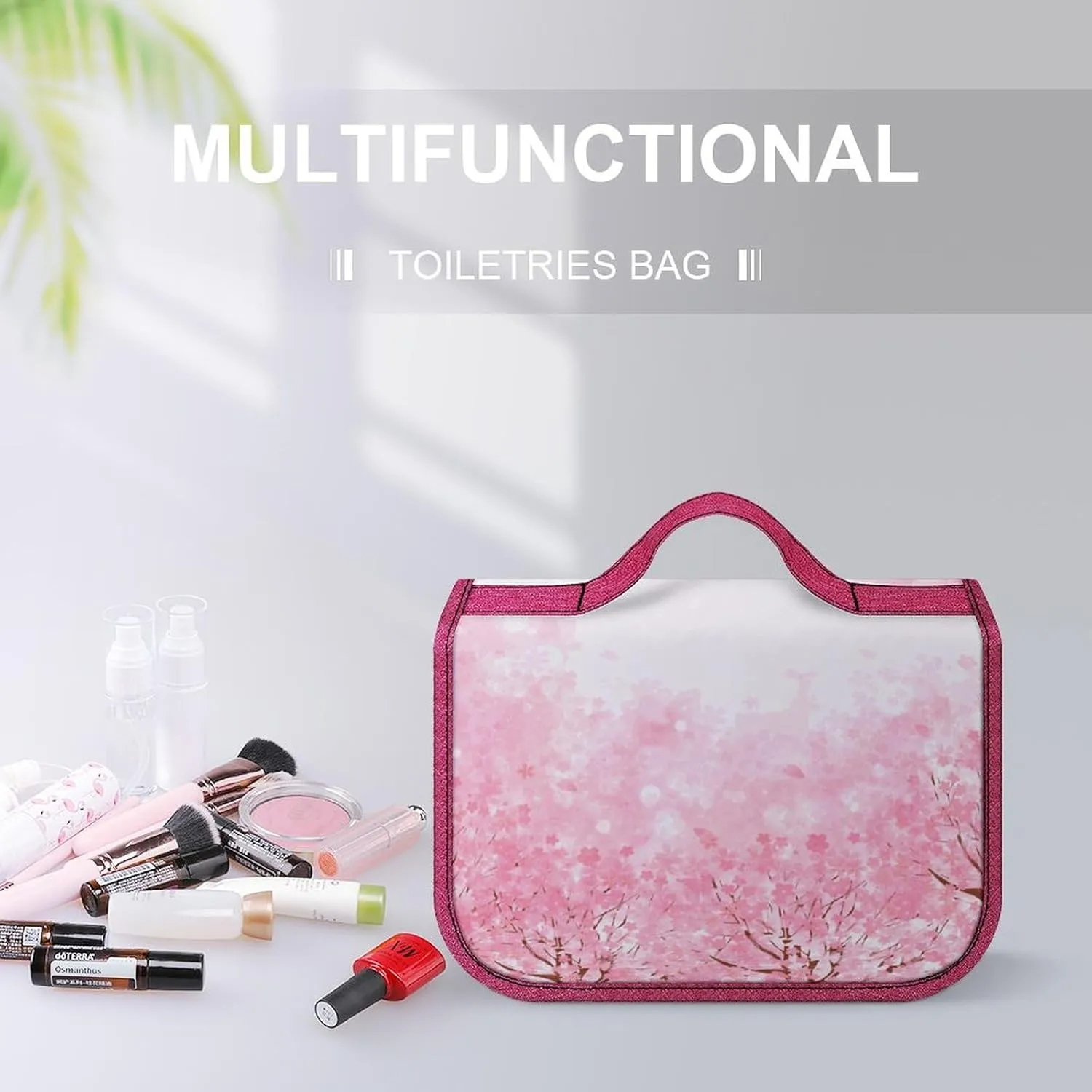 Spa Theme,Toiletry Bag Travel Bag with Hanging Hook,Pink Flower Spa Stones and Bamboo,Water-resistant Makeup Cosmetic Bag Organizer for Makeup Accessories,Full-size Container,Dark Blue