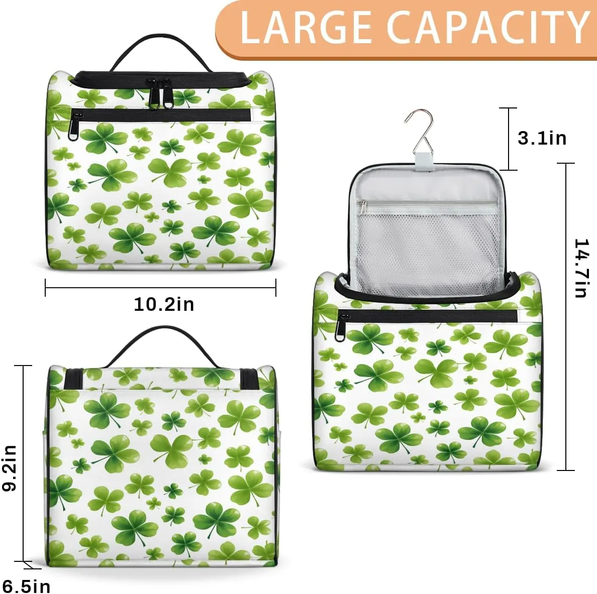 St Patricks Day Lucky Clover Travel Toiletry Bag for Women Large Capacity Wide-open Makeup Organizer Cosmetic Travel Bags for Toiletries