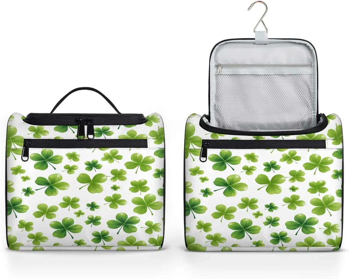 St Patricks Day Lucky Clover Travel Toiletry Bag for Women Large Capacity Wide-open Makeup Organizer Cosmetic Travel Bags for Toiletries