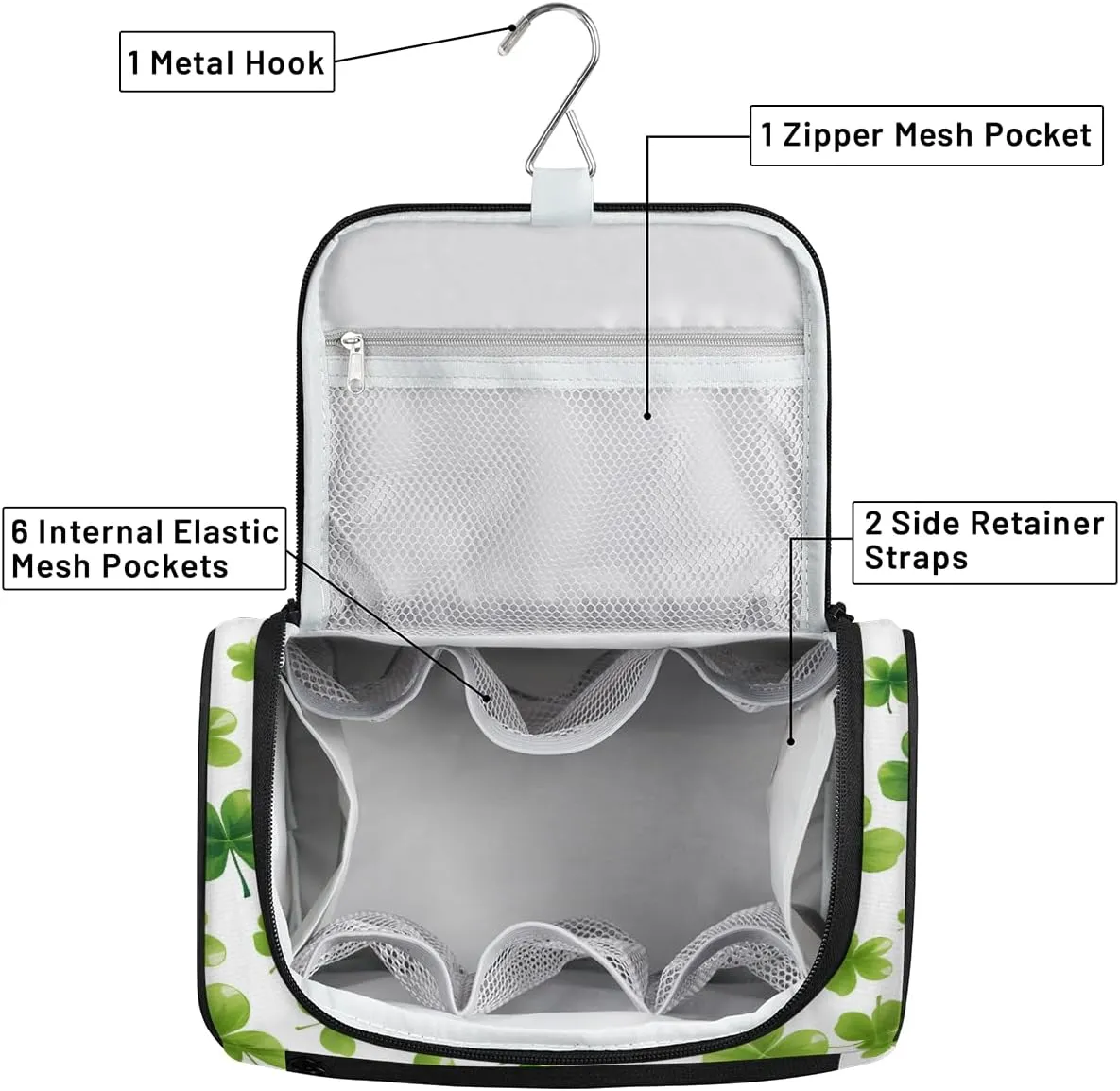 St Patricks Day Lucky Clover Travel Toiletry Bag for Women Large Capacity Wide-open Makeup Organizer Cosmetic Travel Bags for Toiletries