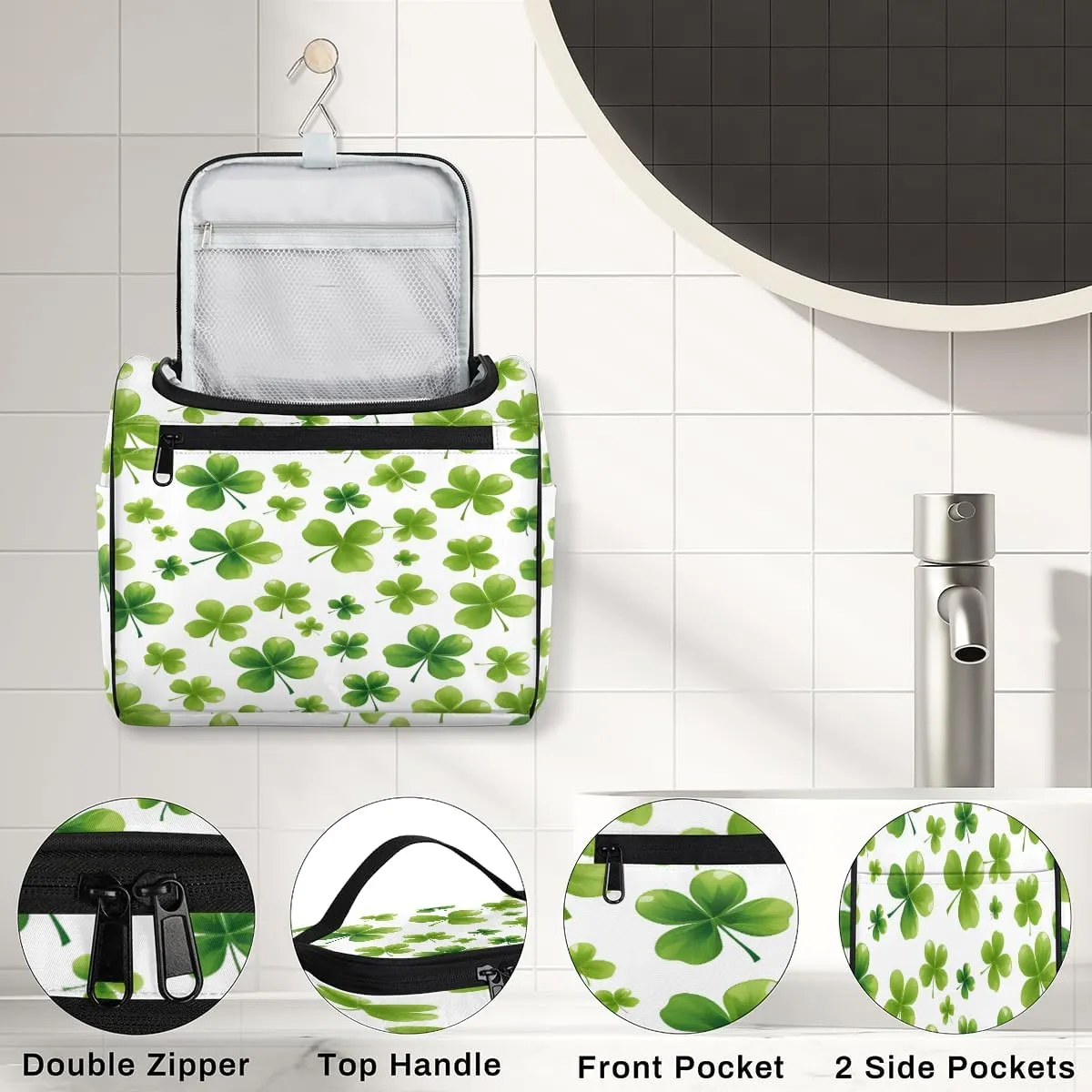 St Patricks Day Lucky Clover Travel Toiletry Bag for Women Large Capacity Wide-open Makeup Organizer Cosmetic Travel Bags for Toiletries