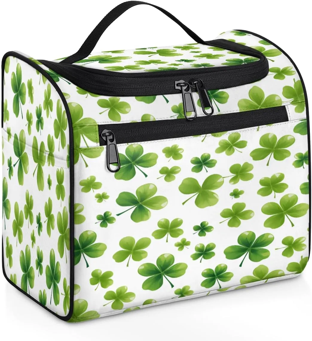 St Patricks Day Lucky Clover Travel Toiletry Bag for Women Large Capacity Wide-open Makeup Organizer Cosmetic Travel Bags for Toiletries