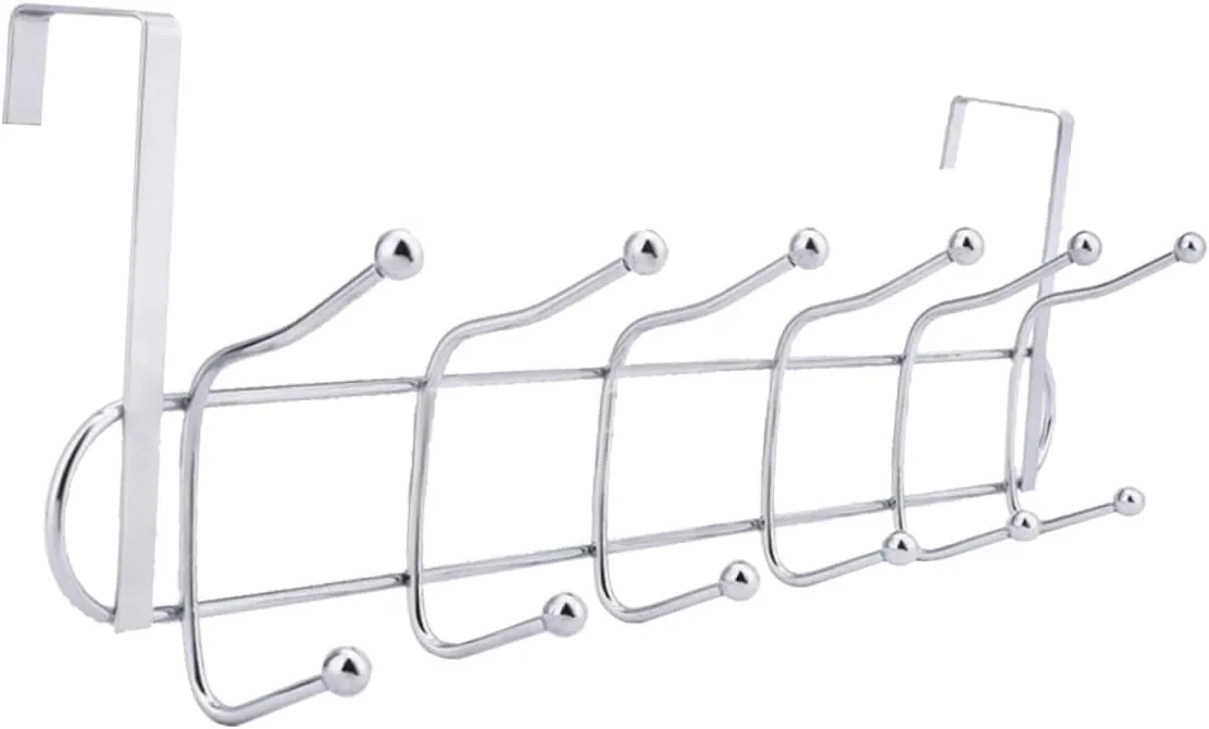 Stainless Steel Door Hook Organizer Hooks Over Cabinet Storage Rack for Coats Towels Hats Handbags and Keys No Drill Easy Installation Space Saving