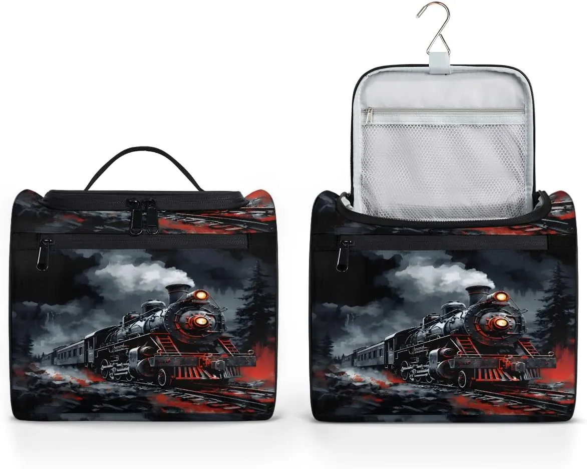 Steam Engine Old Train Travel Toiletry Bag for Men and Women, Large Hanging Makeup Bag Organizer Toiletries Bag for Travel, Cosmetic Bag with Handle