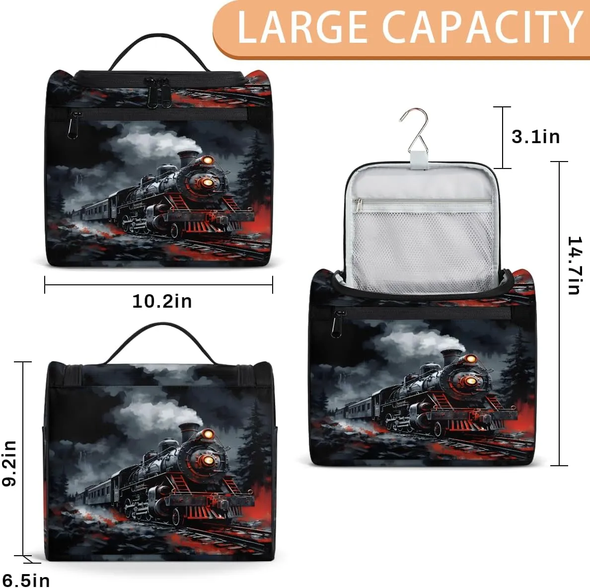 Steam Engine Old Train Travel Toiletry Bag for Men and Women, Large Hanging Makeup Bag Organizer Toiletries Bag for Travel, Cosmetic Bag with Handle