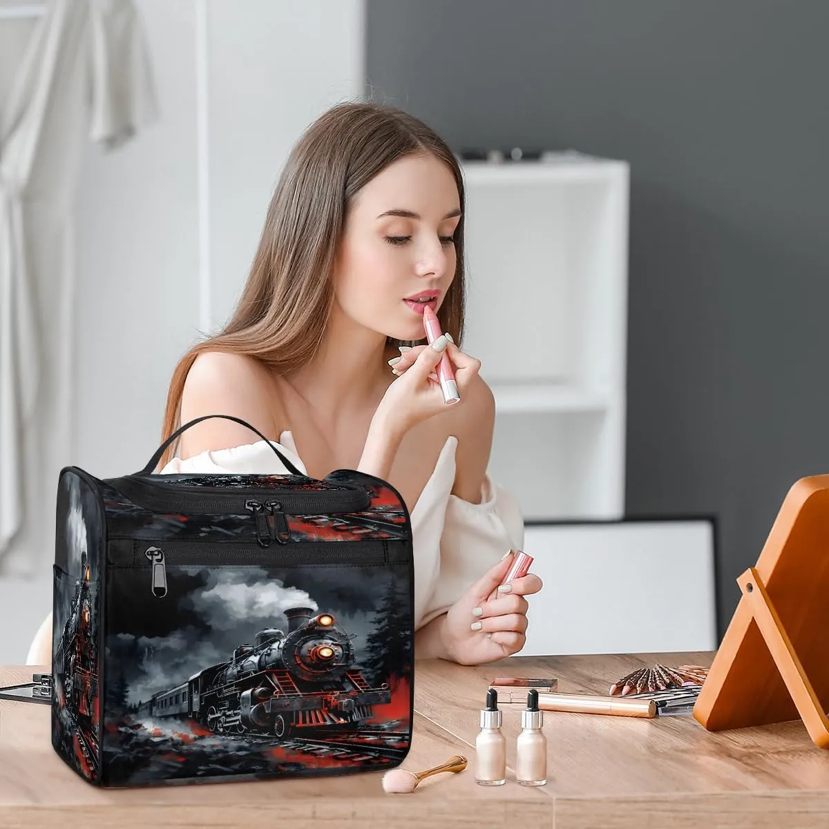 Steam Engine Old Train Travel Toiletry Bag for Men and Women, Large Hanging Makeup Bag Organizer Toiletries Bag for Travel, Cosmetic Bag with Handle