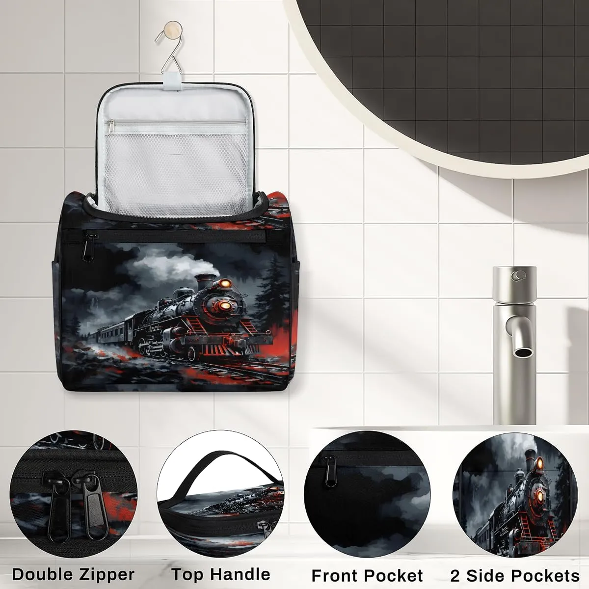 Steam Engine Old Train Travel Toiletry Bag for Men and Women, Large Hanging Makeup Bag Organizer Toiletries Bag for Travel, Cosmetic Bag with Handle