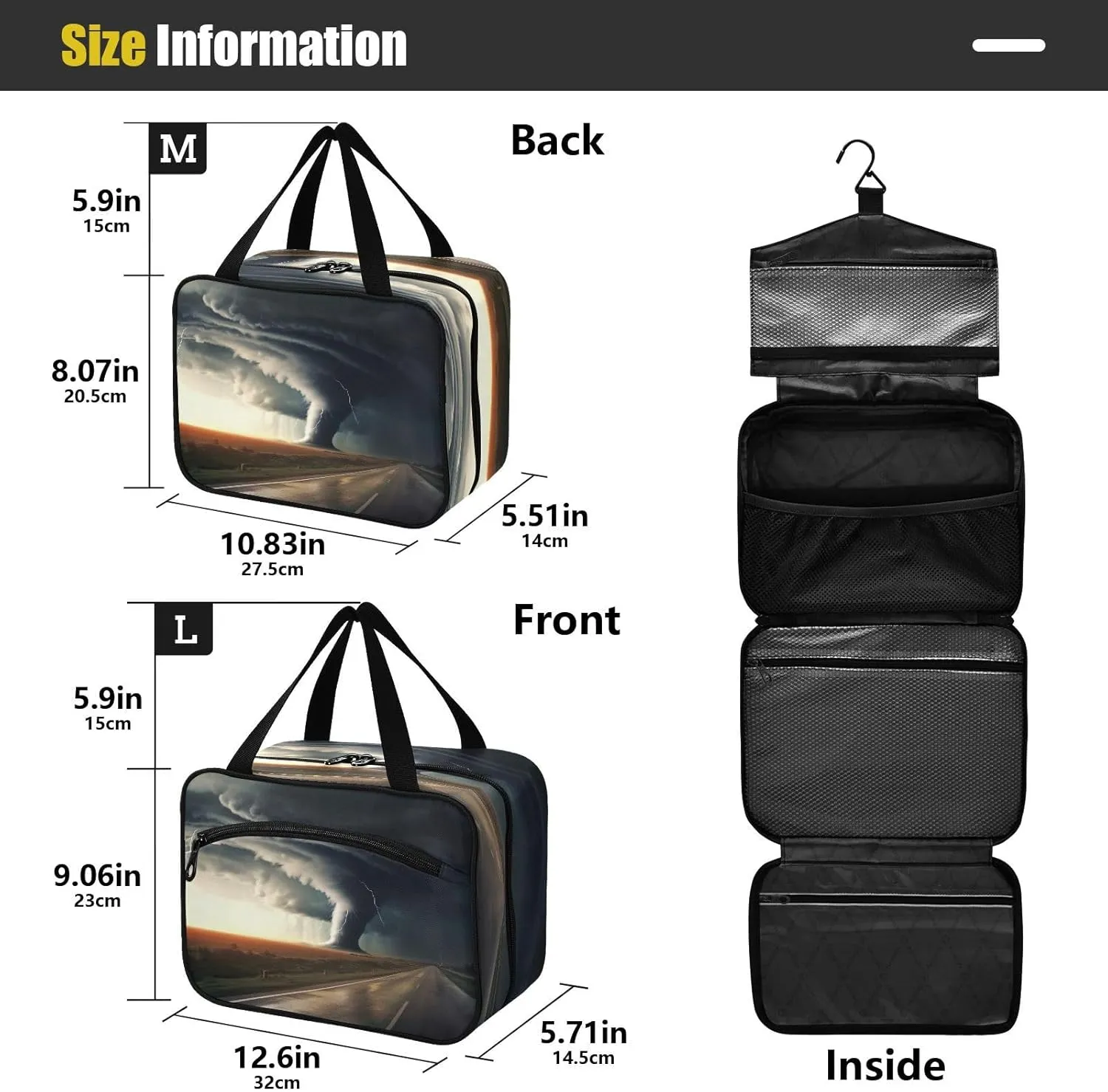 Storms Toiletry Bag, Large Waterproof Hanging Travel Makeup Organizer Bag, Portable Travel Cosmetic Bag with Handle for Women and Men, Medium