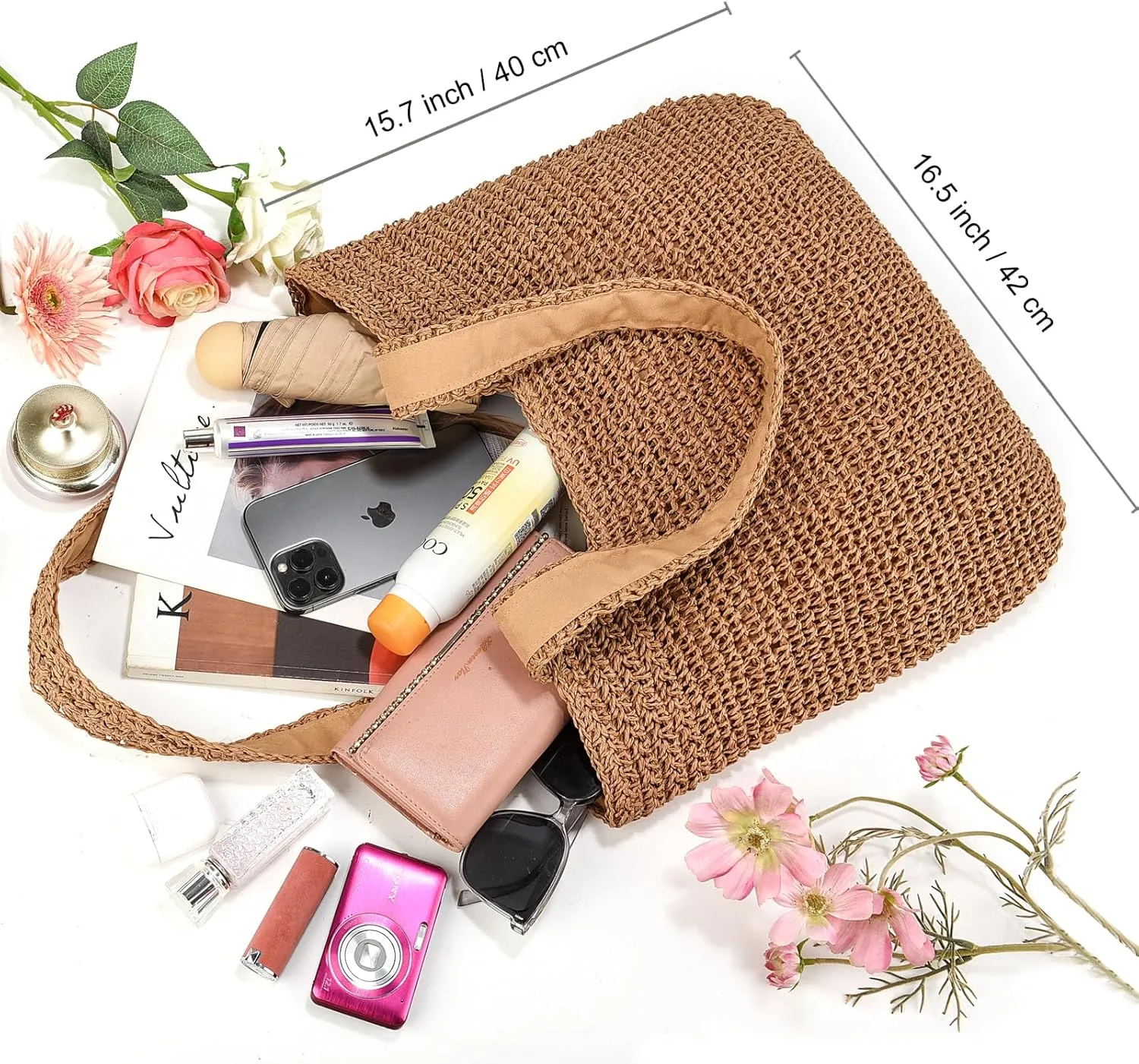 Straw Beach Bags for Women Woven Beach Tote Bag Casual Boho Large Shoulder Handbags Purse for Vacation Holiday