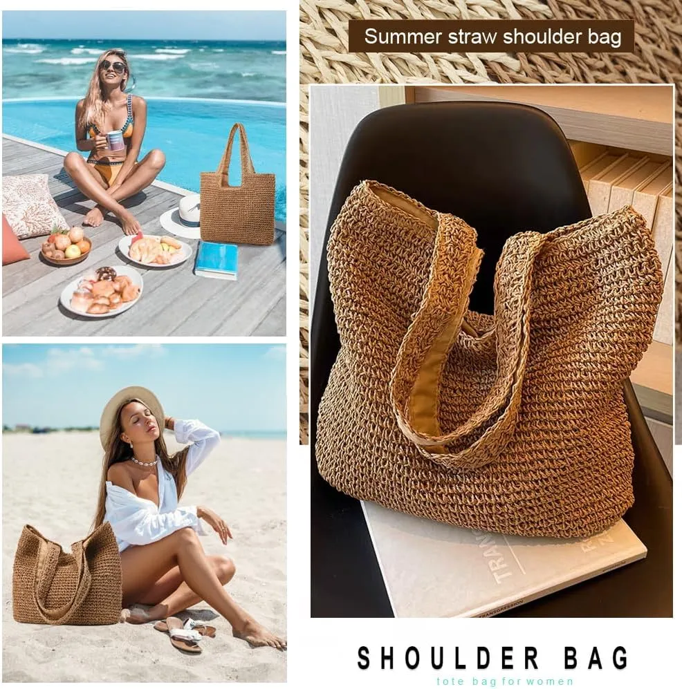 Straw Beach Bags for Women Woven Beach Tote Bag Casual Boho Large Shoulder Handbags Purse for Vacation Holiday