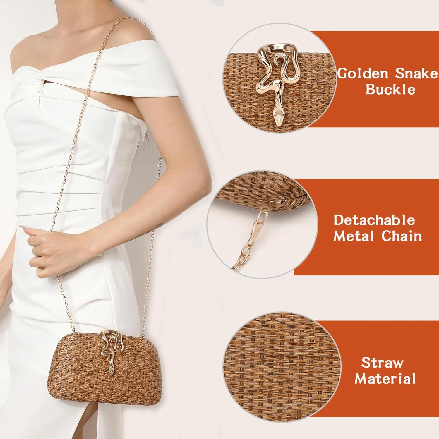 Straw Clutch Purses Summer Beach Purse for Women Woven Vacation Handbags Snake Clasp Straw Beach Bag