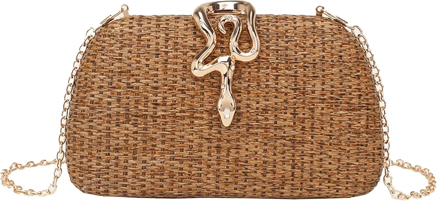 Straw Clutch Purses Summer Beach Purse for Women Woven Vacation Handbags Snake Clasp Straw Beach Bag