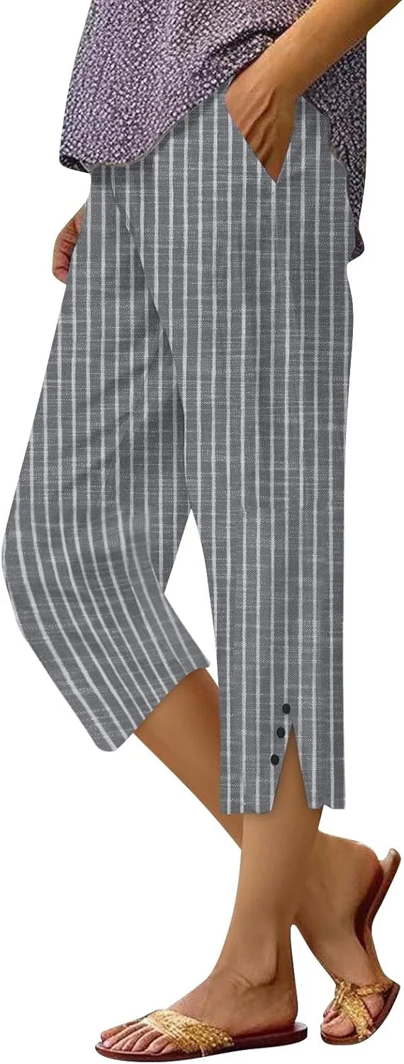 Stripe Cotton Linen Pants Casual 2025 Summer Drawstring Elastic High Waist Straight Plus Size Capri Pants