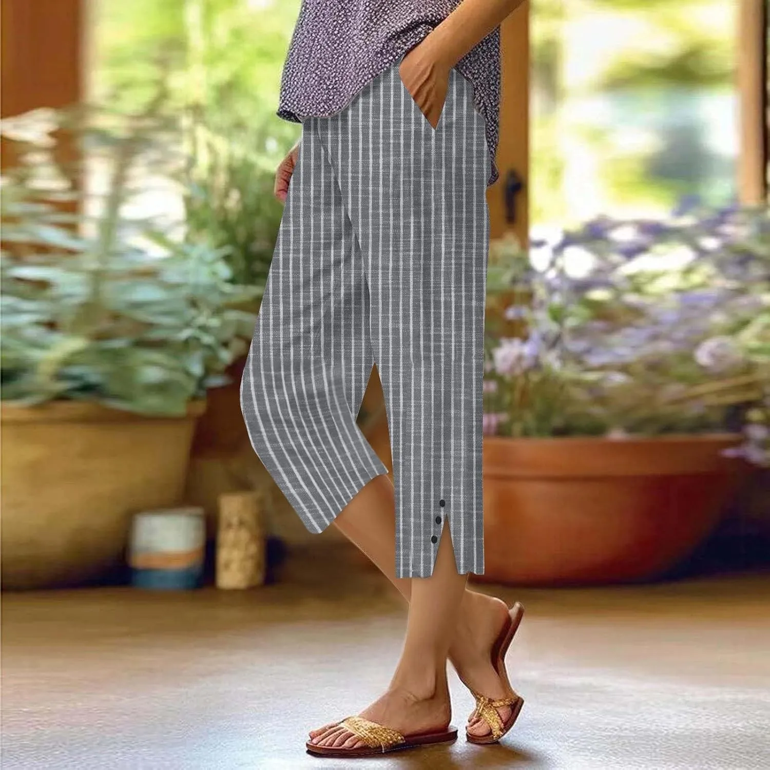 Stripe Cotton Linen Pants Casual 2025 Summer Drawstring Elastic High Waist Straight Plus Size Capri Pants